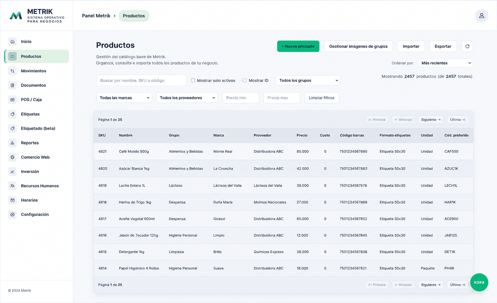 Vista de productos en Metrik